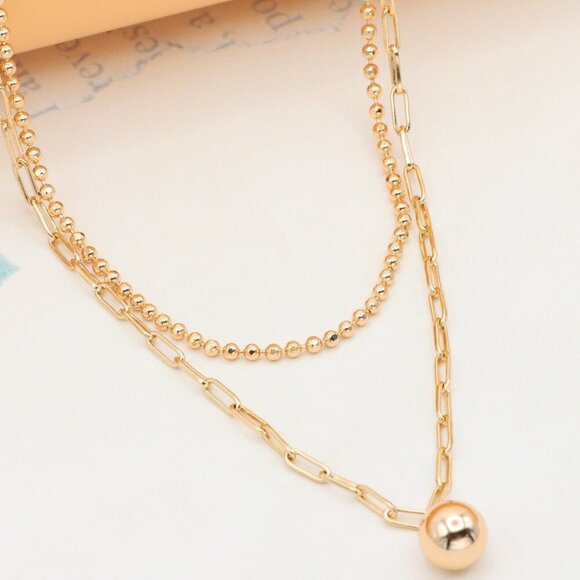 Layered Rose Gold Necklace with Ball Charm, XPNL0350 - Picture 1 of 13